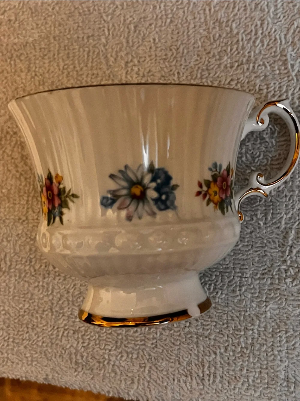 Classic Floral Bone China Teacup and Saucer - White with Multicolor Flowers
